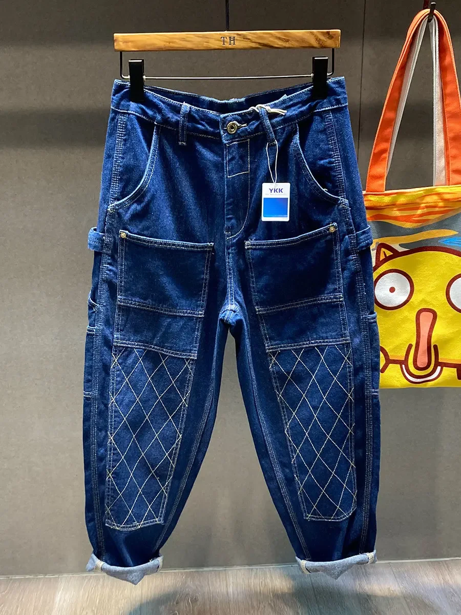 

LIBIELIY Four Seasons Men’s Casual Trendy High Street Motorcycle American Cargo Jeans Pants Loose Straight Dark Blue Denim Trous