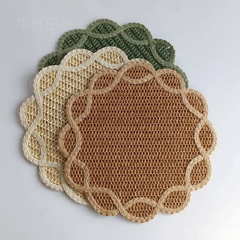 2pcs Creative Home Decor Flower Shaped Paper Woven Placemat Heat Insulation Table Mat Western Style Dinner Mat for Photo Prop
