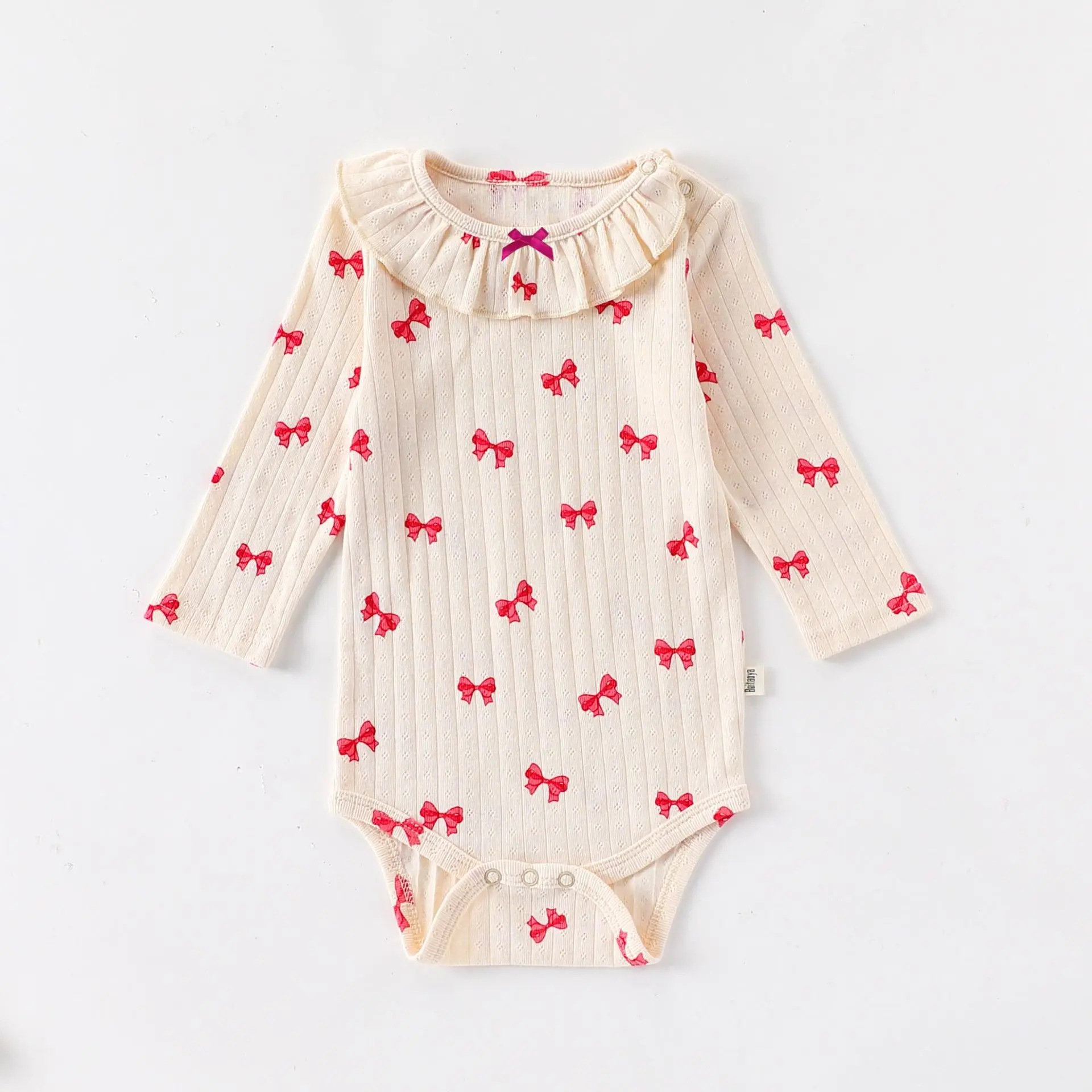 Baby Girls Pure Cotton Bodysuit Newborn Cute Bow Print Long Sleeve Ruffle Neck Onesie Infant One-piece Rompers Toddler Clothing