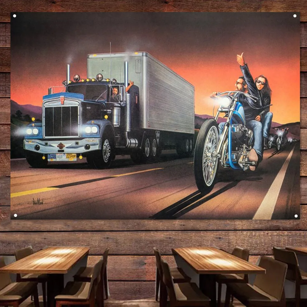 Truck Motorcycle Flag Banner Motor Rider Decor Poster Wall Art Vintage Sign Motor Car Painting For Garage Man Cave Pub Club Bar