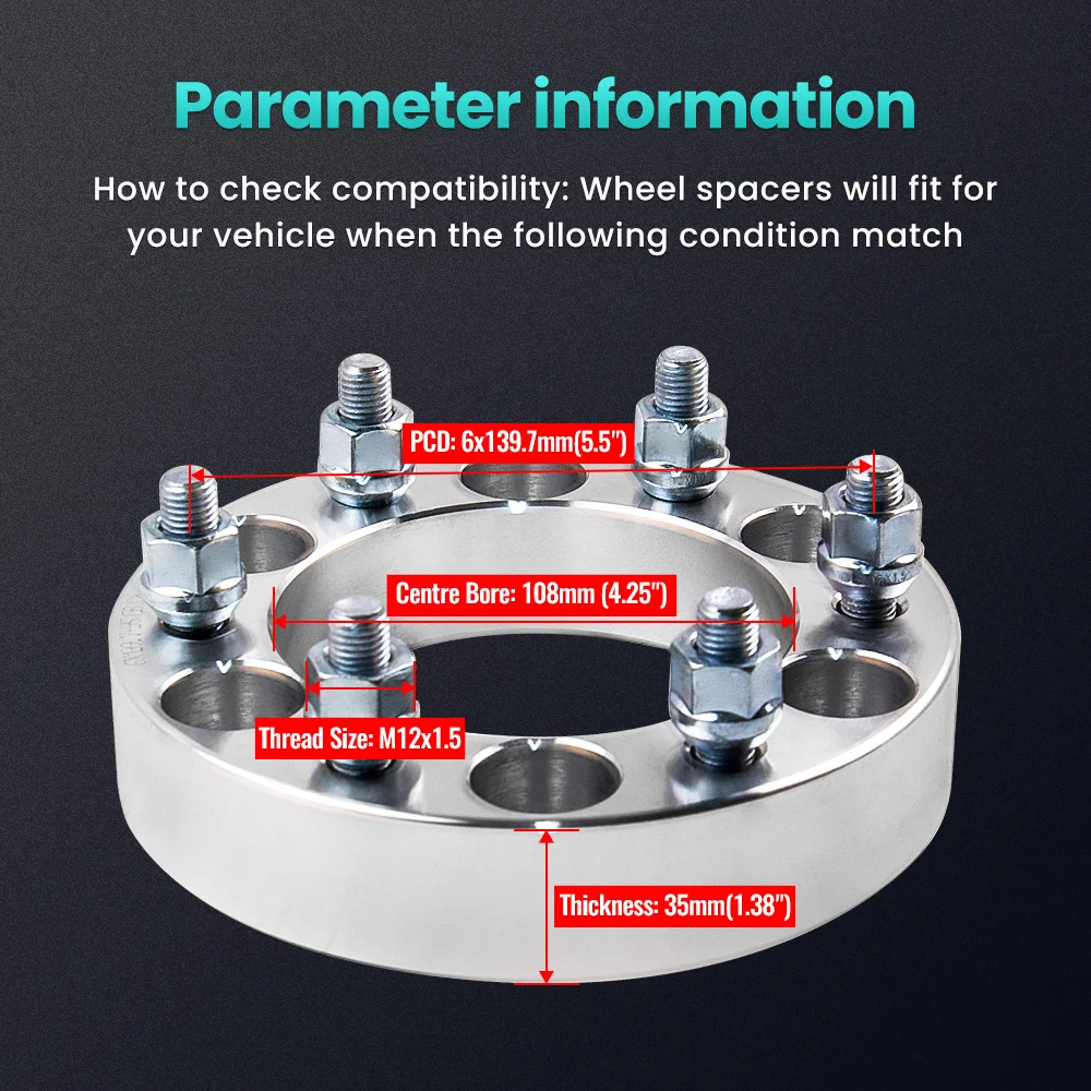 (4) 35mm 6 Stud 6x139.7 Wheel Spacer for Toyota Hilux Pajero Mitsubishi 12x1.5 6x5.5 PCD M12x1.5 Spacers