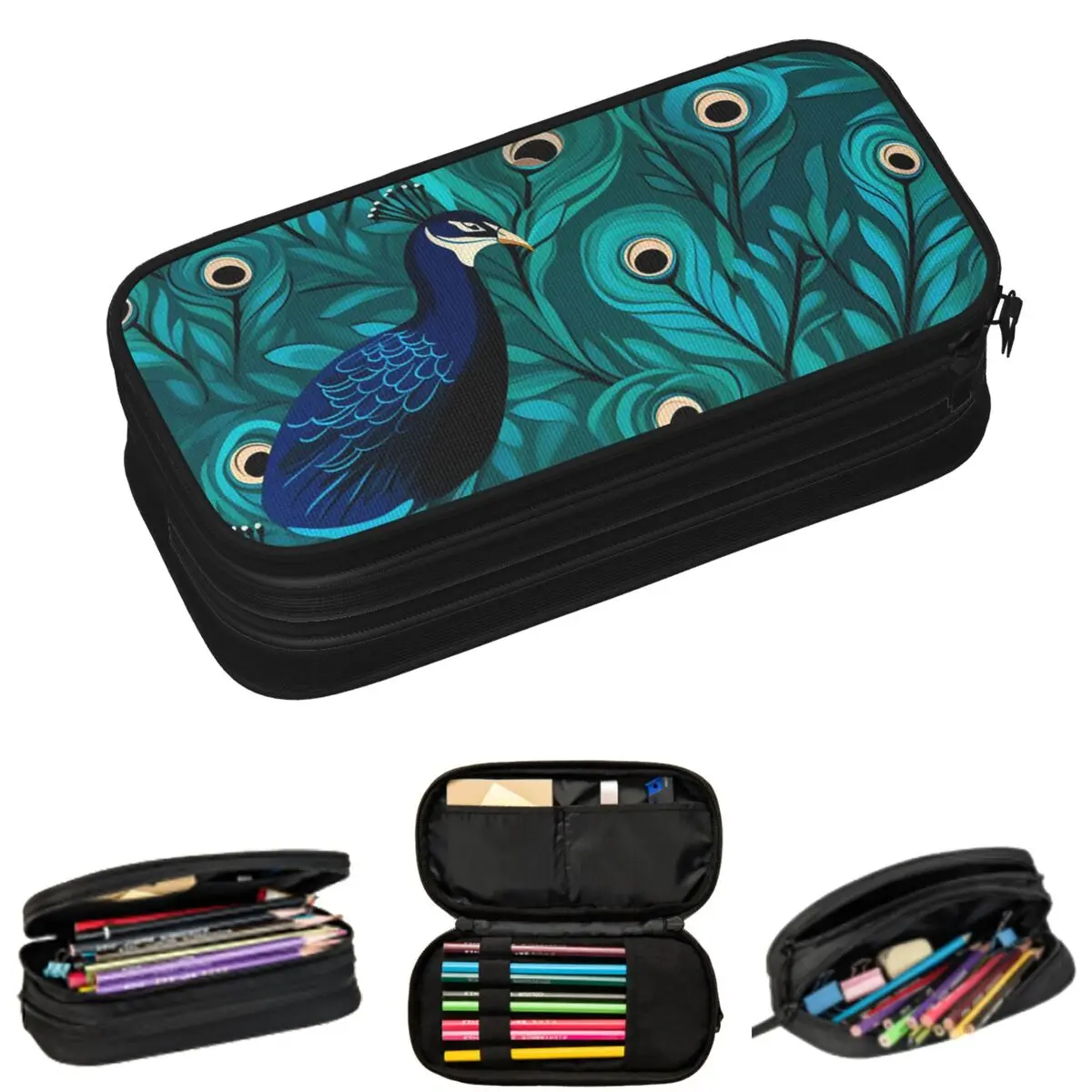 

Chinoiserie Blue Peacock Pattern Pencil Cases for Student Gifts Pen Box Pencil Bag Big Capacity Pencil Pouch
