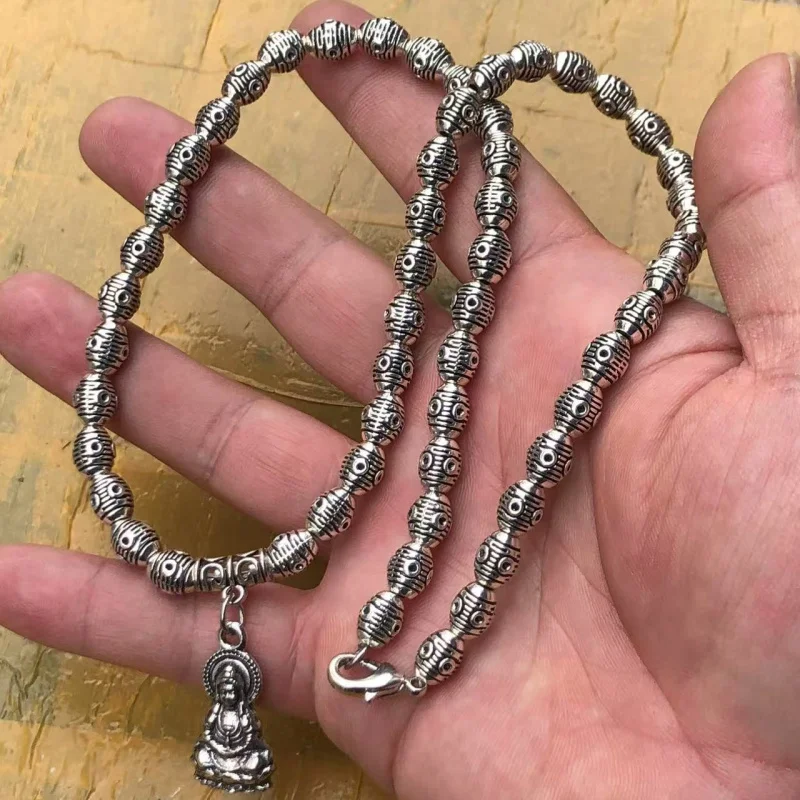 Tibetan Miao Silver Drum Bead Necklace Fashion Versatile