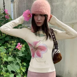 Yedinas Fairycore Slim Graphic T Shirts Long Sleeve Korean Fashion 2000s Clothes Y2k Women's T-shirt 2025 New Spring Tops Tees