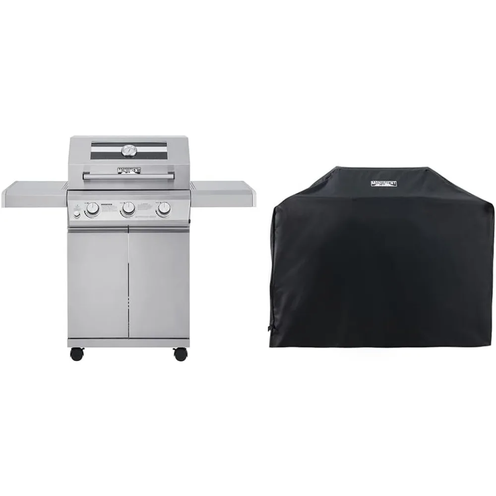 

Monument Grills Larger 3-Burner Propane Gas Grills Barbeque Stainless Steel Heavy-Duty Cabinet Style with BBQ Cover (2 Items)