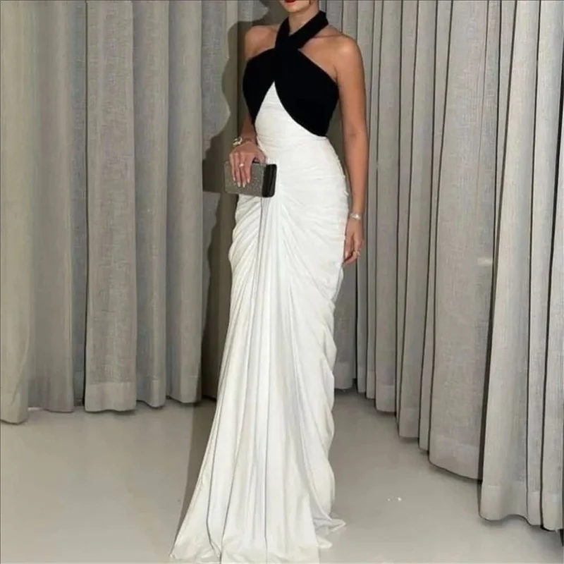 

White Long Party Dresses Trumpet Halter Night Dresses Sleeveless with Pleats Ruched Celebrity Dress for Woman Customized
