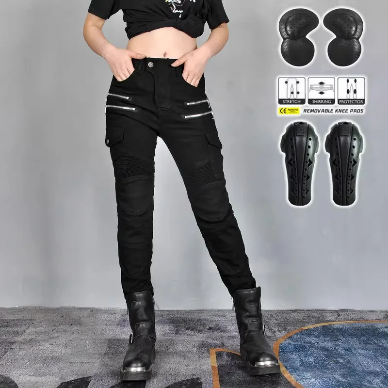 

New Motorcycle Women Female Knight Elastic Jeans Hip Hugging High Waist Sexy Racing Road Rider Four Seasons Casual Fashion Pants