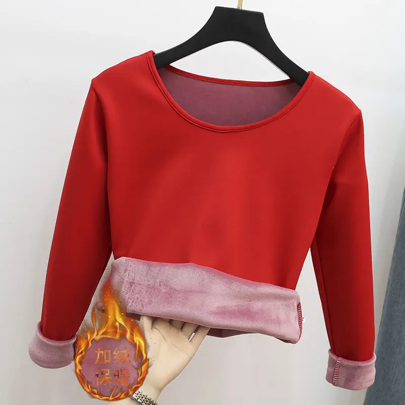 Winter Warm  Round Neck T-Shirt Thick Fleece Thermal Underwear Long Sleeve Basic Solid Warm Autumn Bottomed Blouse