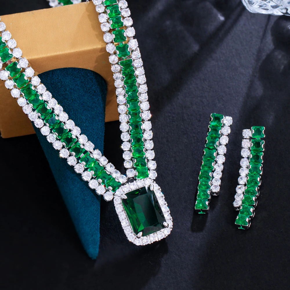 BeaQueen Big Green Rectangle Cubic Zircon 3 Layers Wide Chunky Necklace Earring Expensive Women Bridal Wedding Jewelry Set JS394