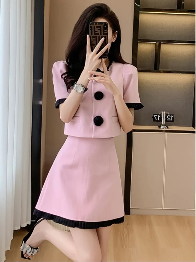 Women Elegant Vintage Fragrant Pink Suits New Chic Short Jacke Coat Top + Mini Skirt Two Piece 2024 Summer Lady Y2K Sweet Outfit