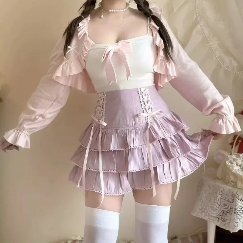 2024 Japon Kawaii Lolita Tarzı Pileli Etekler Kadın Yüksek Bel Pembe Bandaj Peri Y2k Estetik Etek Sevimli Faldas Mujer Moda