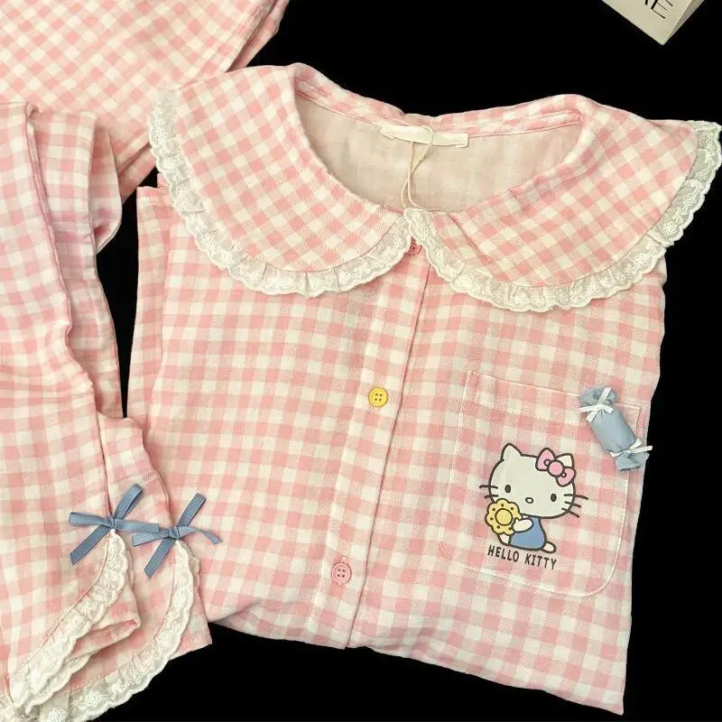 

Японский комплект пижамы для девочек: клетчатый, с мультяшным принтом, с длинными рукавами и брюками, для весны и осени, новые модели, с воротником «кукла», домашний костюм для студенток