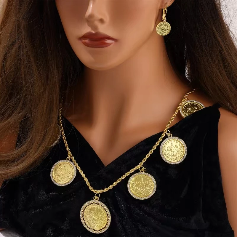 Moroccan Style Coin Dold-Plated Earrings Necklace 2-Piece Rhinestone Embellished Arab Bride Wedding Party Valentine's Day Gift