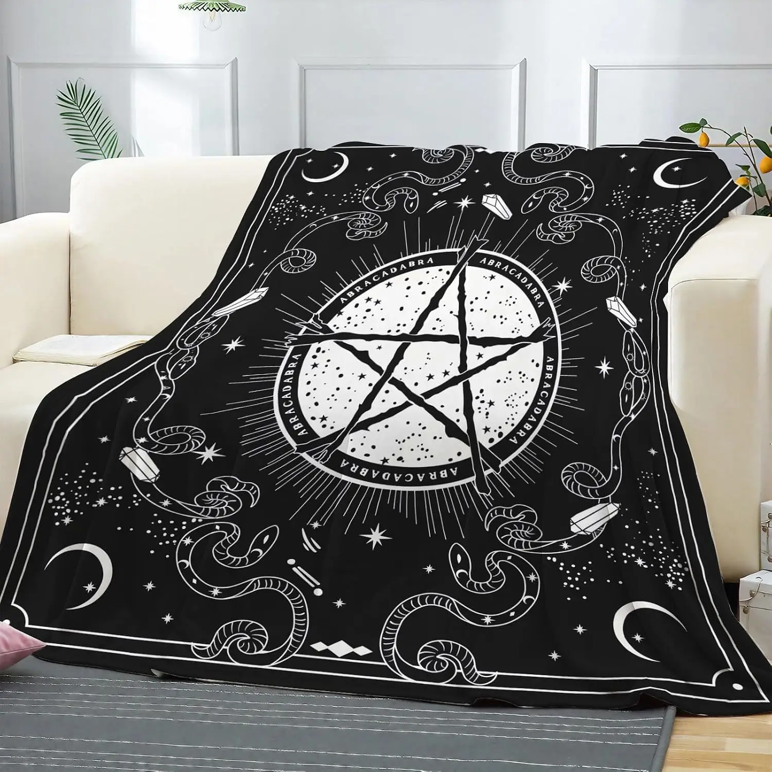 Occult Pentagram Crescent Star All Over Print Cozy Flannel Blanket Portable Living Room Retro Warm Daily Household Use