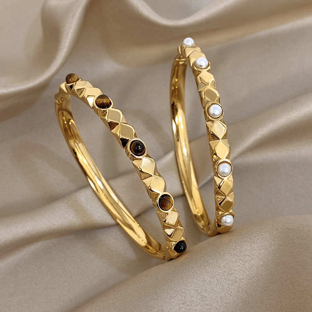 

Freetry Vintage Irregular Stainless Steel Bangle Bracelet Women Trendy Simple Imitation Pearl Gold Color Geometric Spring Bangle