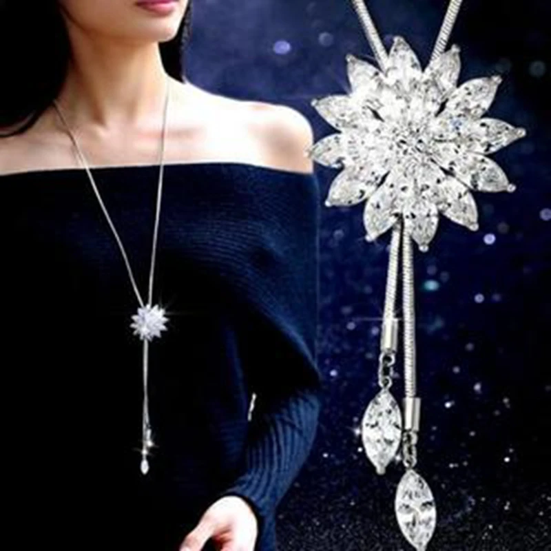 Double-layer Zircon Sun Flower Lotus Necklace Long Tassel Crystal Flowers Choker Pendant Jewelry for Women Jewellery Gift Bijoux