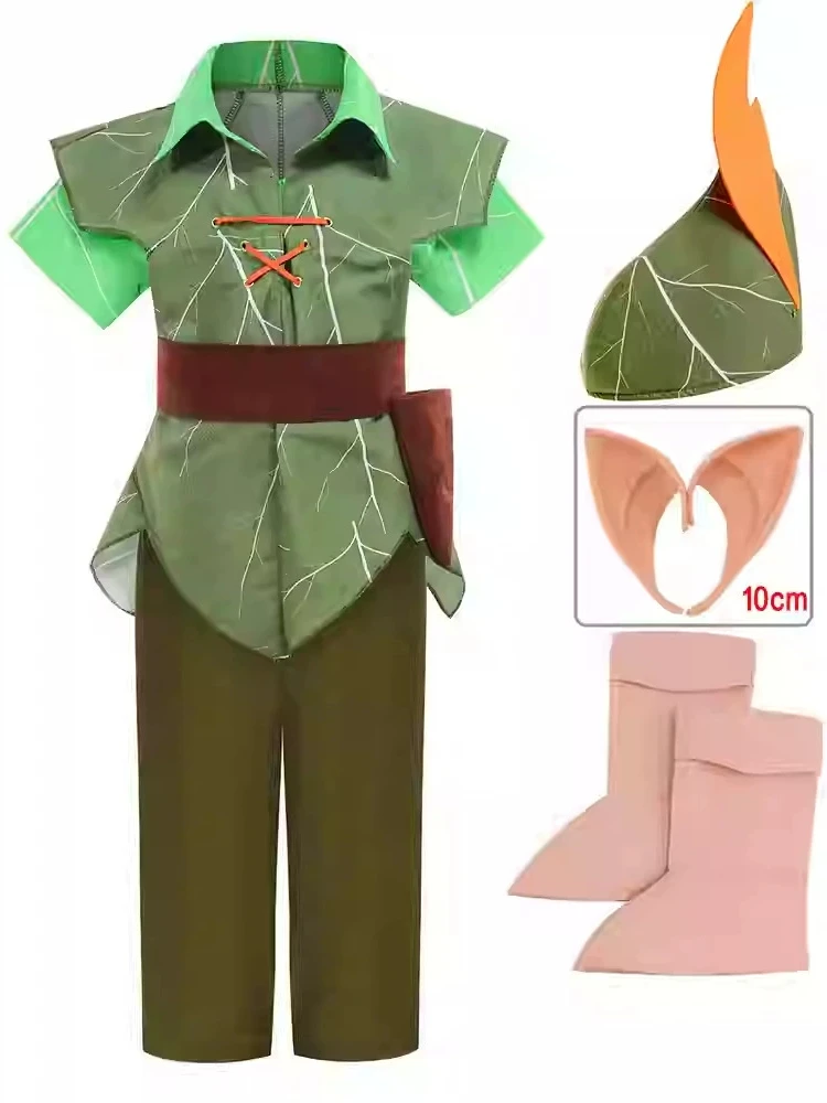 

Детский костюм для косплея Питера Пэна на Хэллоуин, зеленый сценический наряд феи, версия для мальчиков, одежда в сказочной тематике