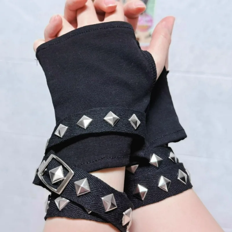 Harajuku Y2k Women Black Punk Rivet Streetwear Gloves Cool Rope Cross Fingerless Gloves Punk Gothic Short Arm Warmer Outdoors