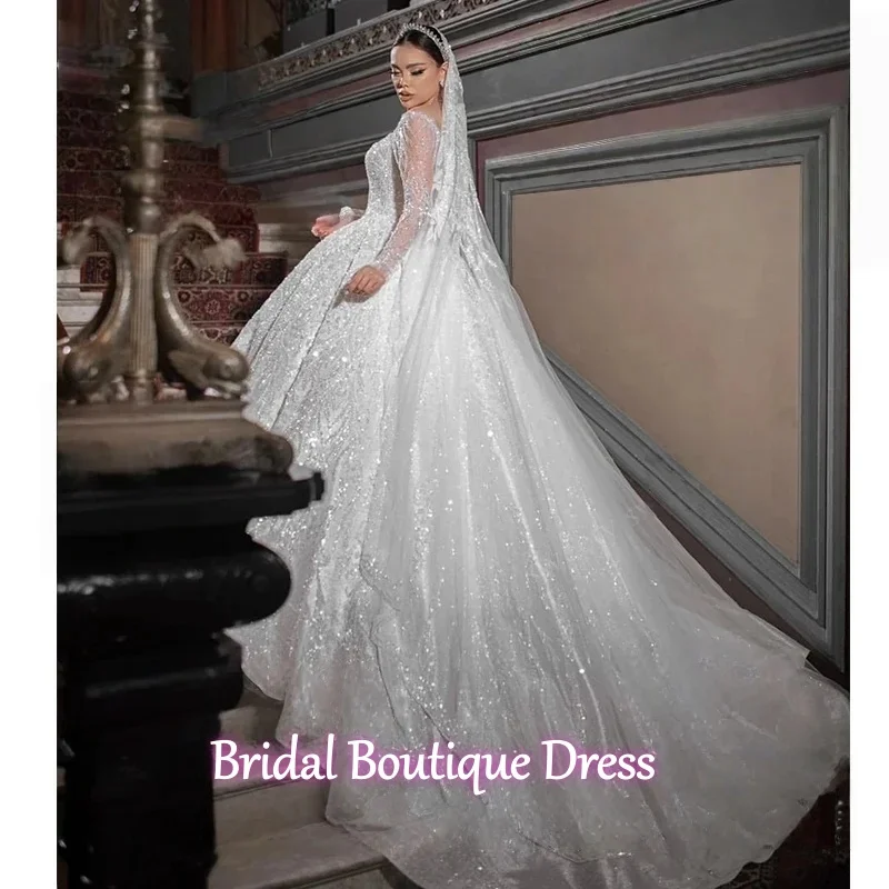 Maßgeschneidertes exquisites Hochzeitskleid mit Stickerei-Perlen, Prinzessin-Ballkleid, volle Hülse, O-Ausschnitt, Brautkleid, Vestido De Novia