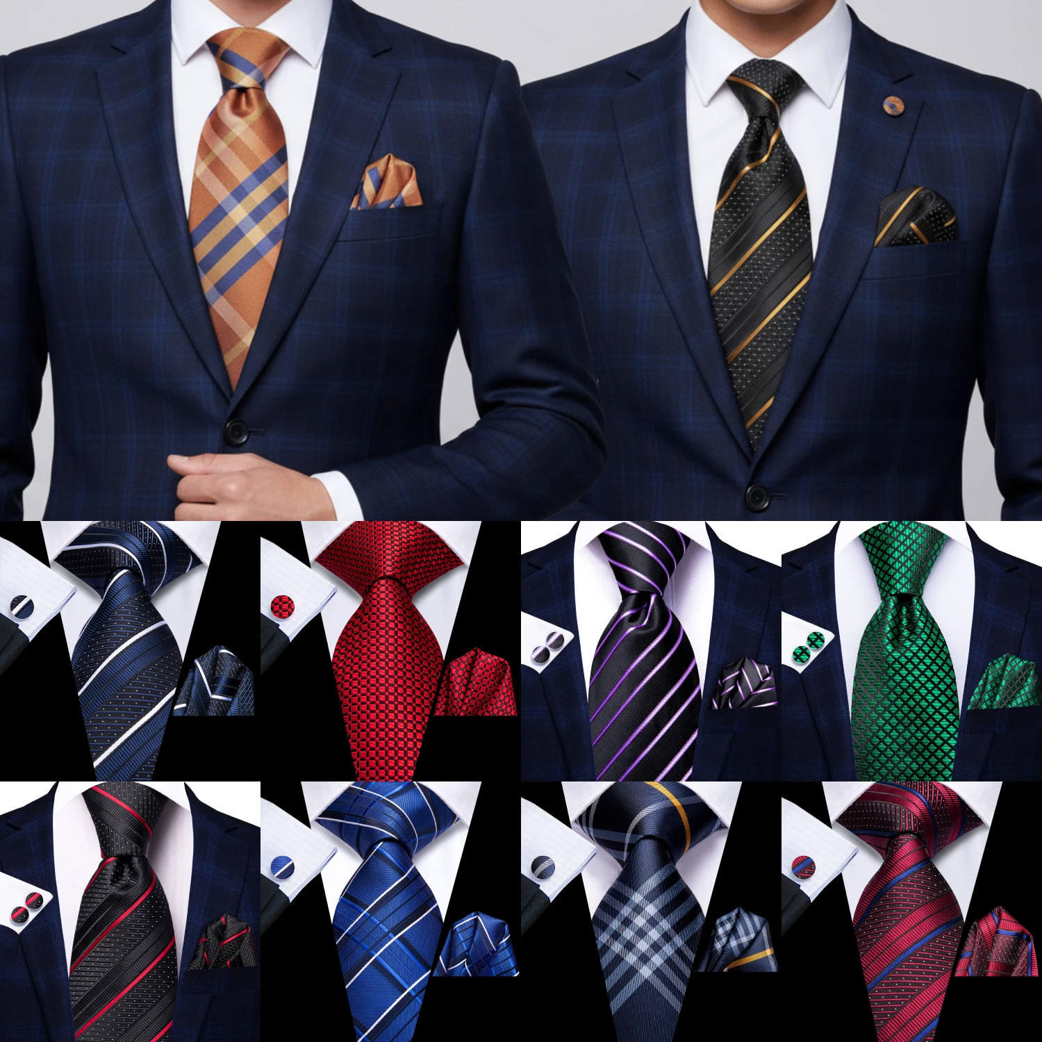 

Hi-Tie Mens Gift Tie Set Long Solid Striped Silk Wedding Tie For Men Fashion Design Quality Tie Hanky Cufflink Set Dropshipping