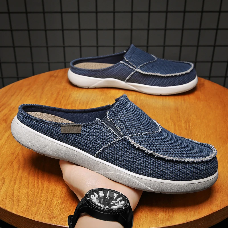 Canvas Slip on Half Shoes for Men Mules Casual Slippers Slides Indoor Home Dudes Summer Breathable Lightweight Big Size 47 48