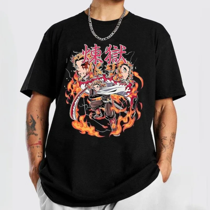 Anime Demon Slayer Rengoku Kyojuro ‌   T-Shirt Sommer Baumwolle Herren Damen Streetwear Lässig Trendig Kurzarm Hip Hop Übergroße Oberteile