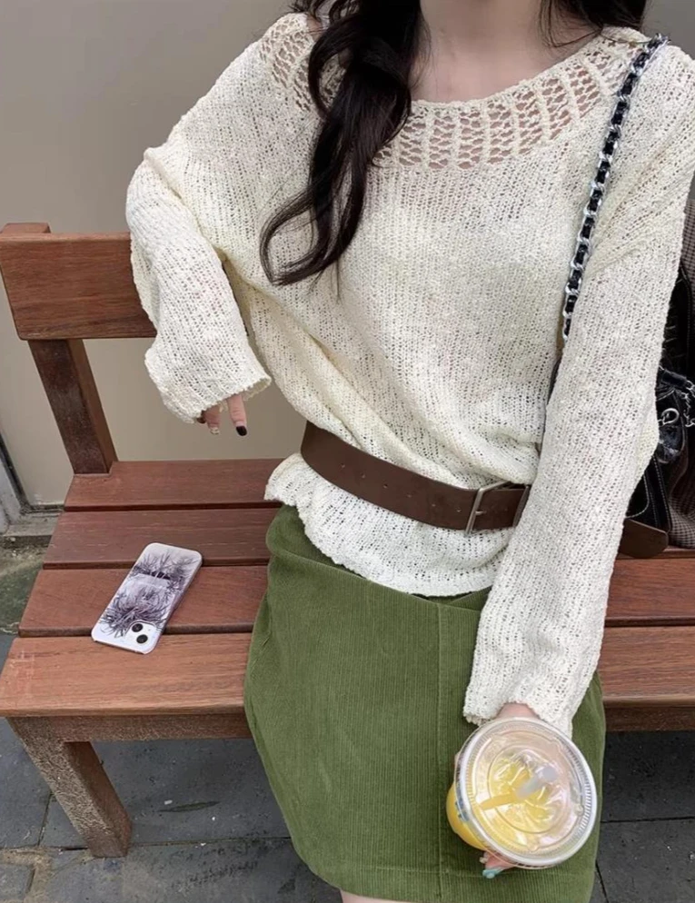 Women Korean Lazy Hollow‑out Knit Sweater Spring Summer Milky Soft Long Sleeve Top Layering Sun‑protection Cover‑up