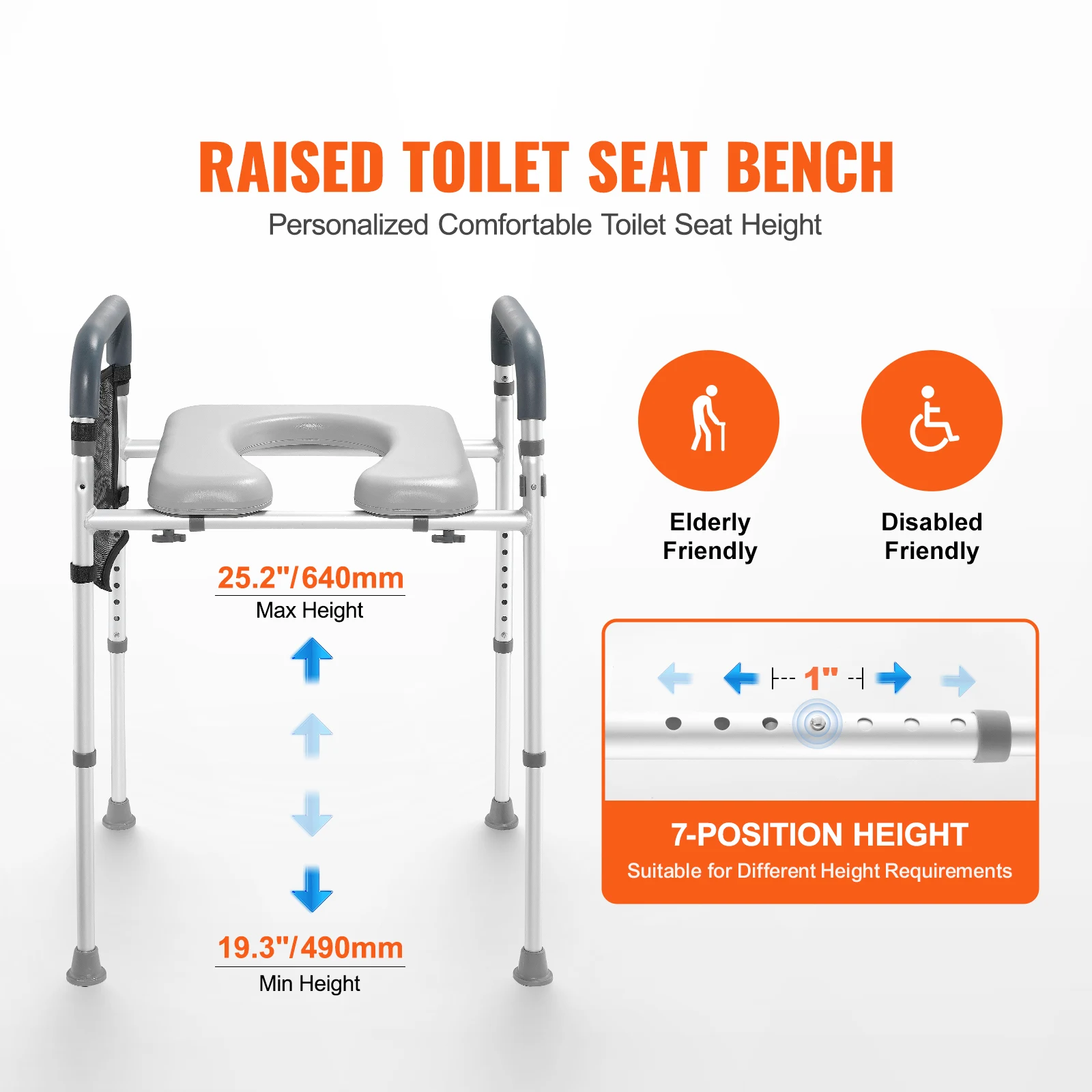 Raised Toilet Seat, 7-Position Height Adjustment 19.3