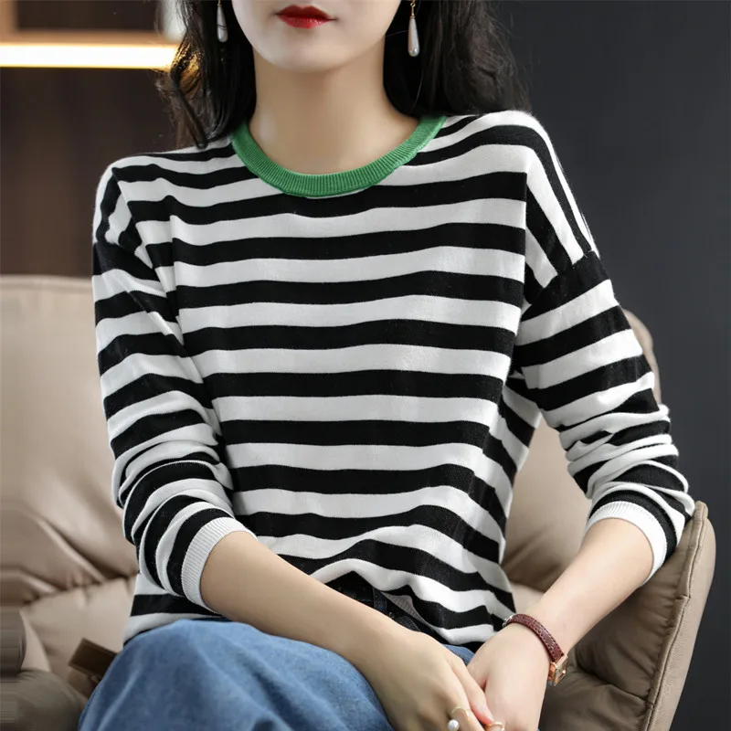 

Women New 100% Cotton Soft Sweater O-neck Color Block Pullover Spring Autumn Casual Versatile Knit Base Stripe Shirt Top