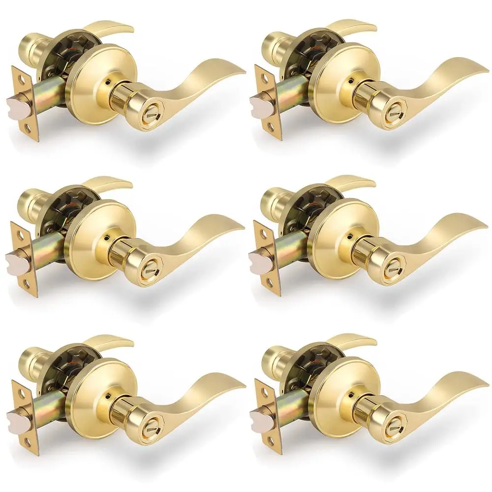 6 Pack Privacy Drop-Style Lever Door Locksets Brass Interior Bedroom Bathroom Easy Installation Reversible Fits 1-3/8