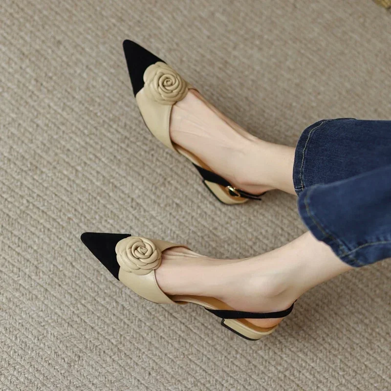 NEW Summer Sandals Women Shoes Pointed Toe Women Sandals Chunky Heel Shoes for Women Fashion Mixed Color Flower Low Heels