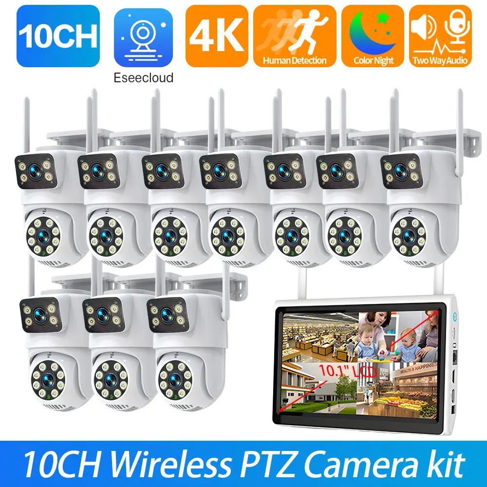 

4K Wireless Dual Lens CCTV Surveillance System 10CH 10.1" Screen NVR Set 8CH Color Night Vision Wifi PTZ Camera Security Kit 8CH