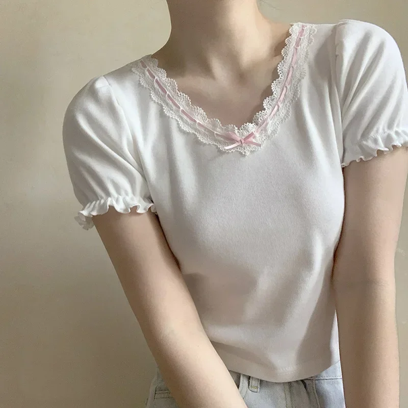 White T-Shirt for Sweet Girl Ribbon Lace Trim V-Neck Bowknot Puff Sleeve Slim Short Cotton TShirt Kawaii Clothes Summer Tops