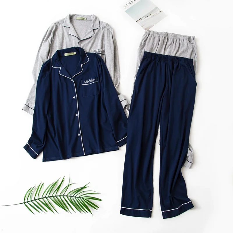 Spring Summer Men Casual Simple Pajama Sets Male 100% Cotton Sleepwear Suit Long Sleeve Turn-down Collar Cardigan Shirt & Pants