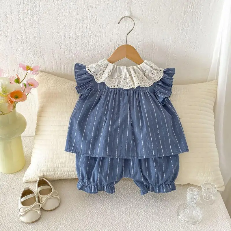 2026 Summer New Girls Flying Sleeve Cute Lapel Tops + Shorts 2pcs Suit Baby Girl Fashion Striped Clothes Set Toddler Outfits