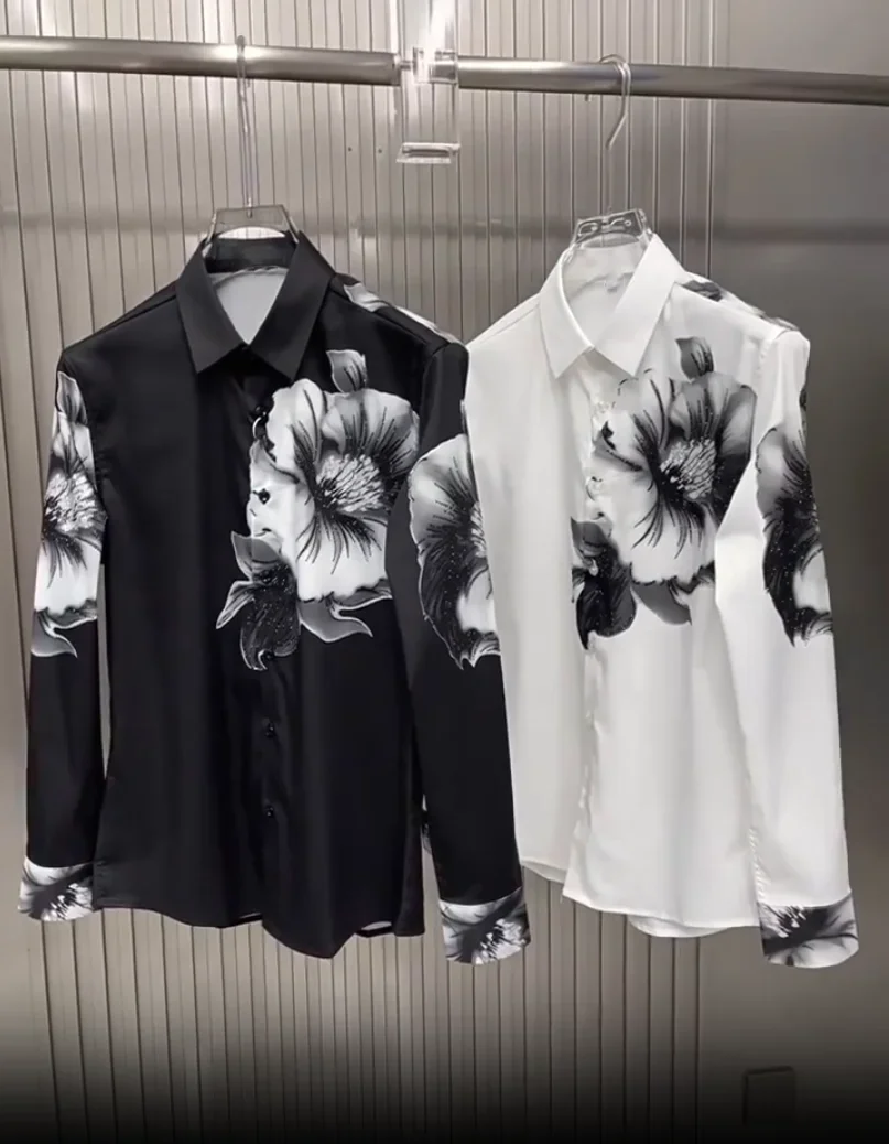 Men's Simple Retro Black and White Contrasting 3D Printed Long-sleeved Lapel Buttons Outdoor Shopping Fashion Thin Business Casu