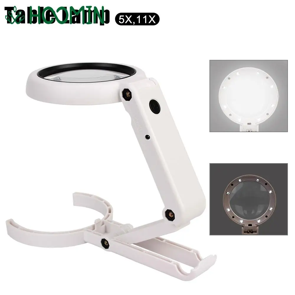 Portable Hand-held 5x 11x Foldable with 8 LED Light Stand Desk for Jewelry Appraisal Reading Repair Magnifying Glass