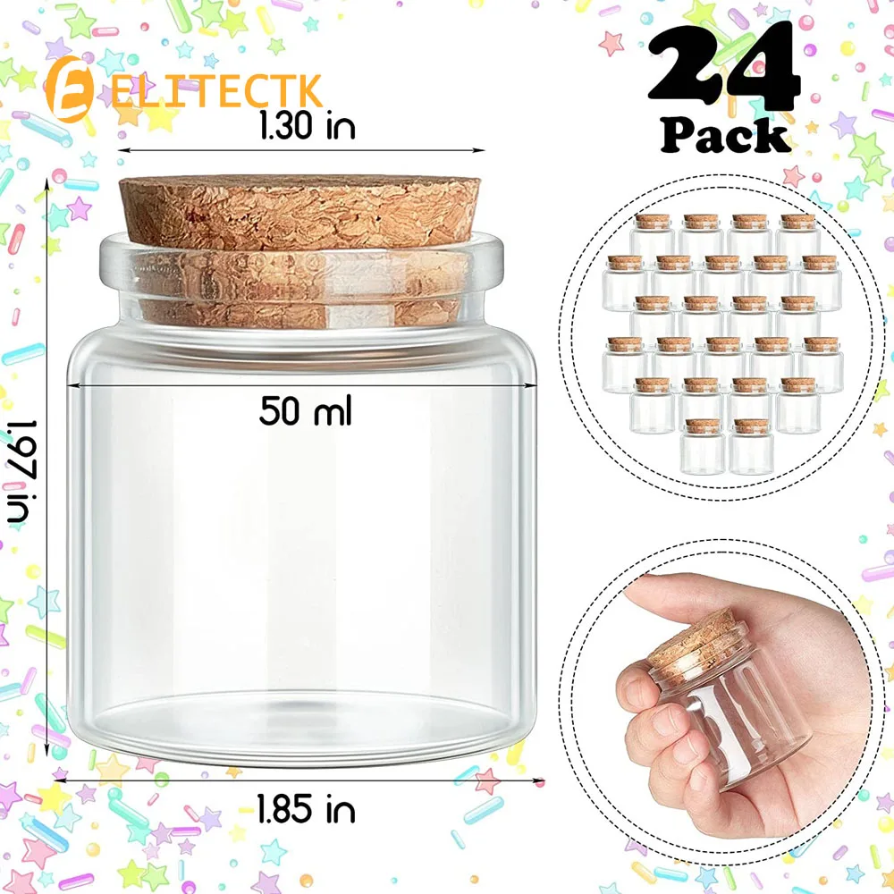 24 Pack Small Glass Cork Bottles, 50 ml/ 1.7 Oz, Small Glass Jars Spell Jars Clear Potion Bottles Mini Glass Bottles with Cork