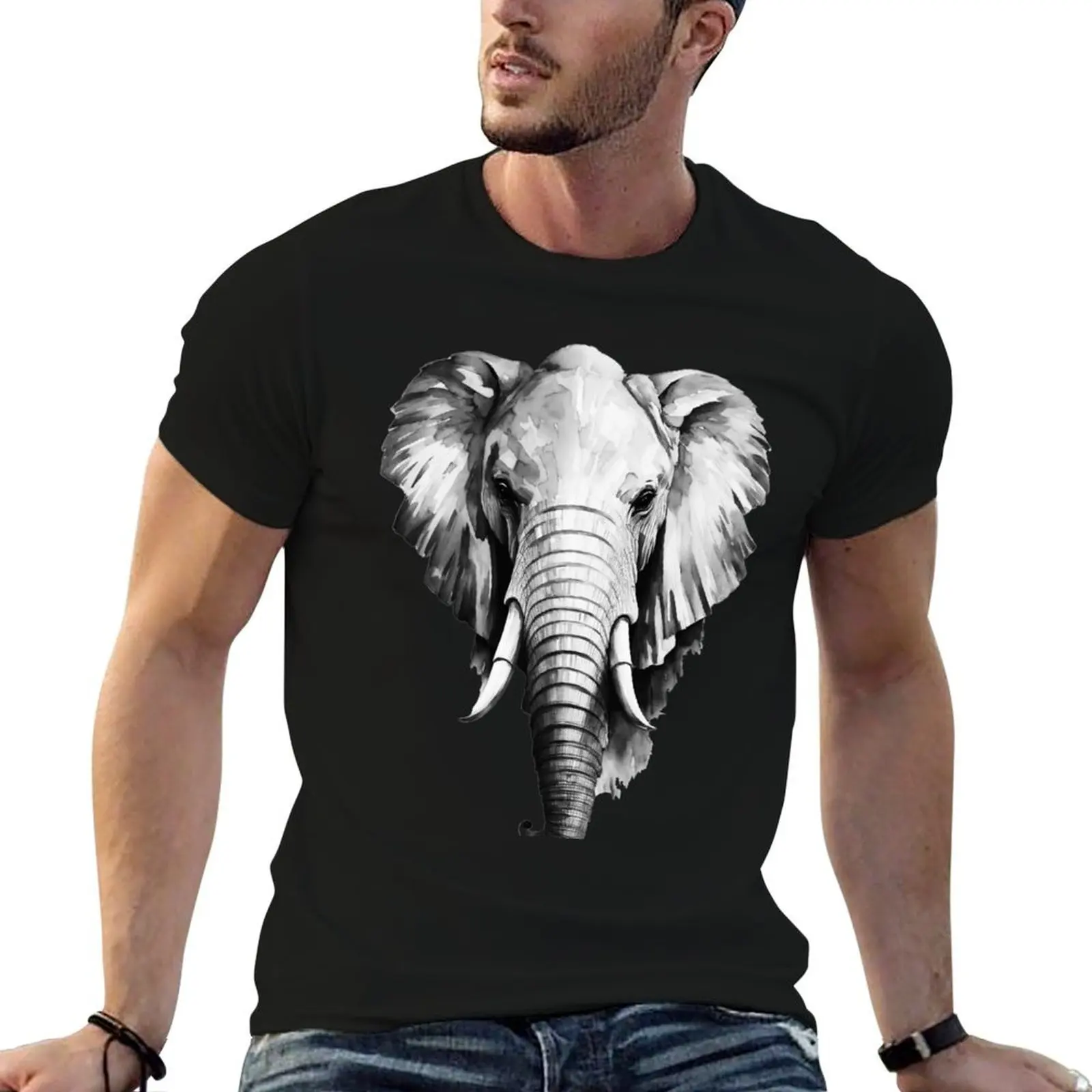 Elephant head black and white T-Shirt black cotton t-shirt plain for man package t shirts for man cotton T-Shirt