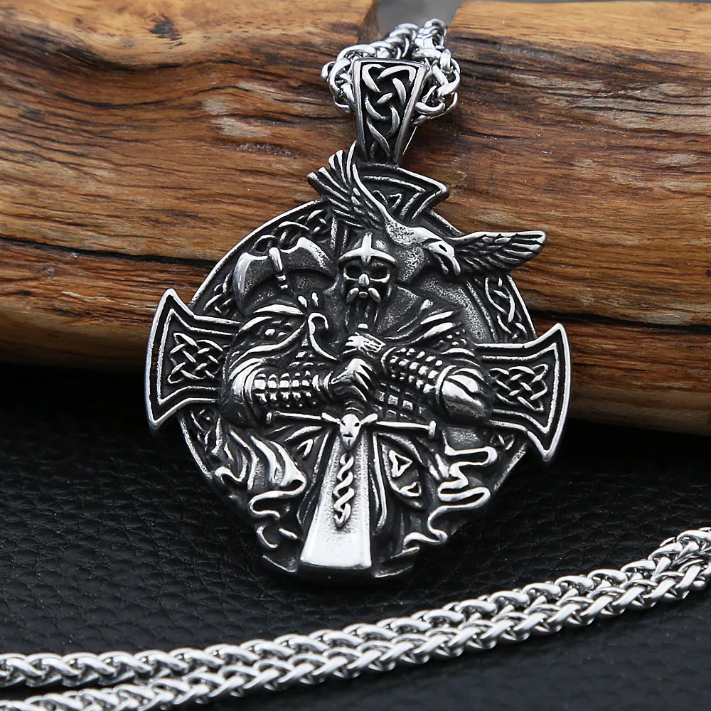 

Vintage Viking Warrior Odin Necklace Men Nordic Stainless Steel Cross Trinity Pendant Necklace Gothic Skull Chain Amulet Jewelry