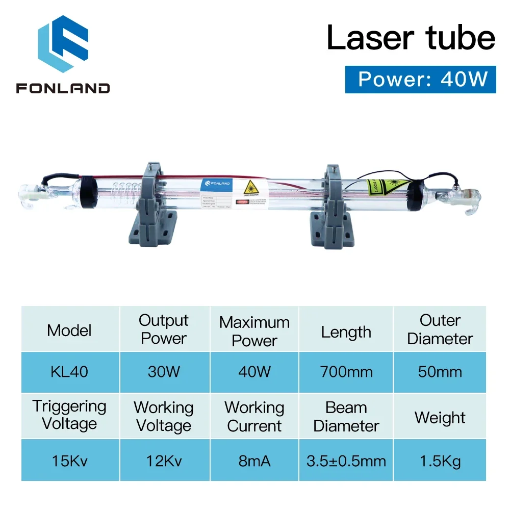 Imagem -05 - Fonland Tubo Laser Co2 40w Comprimento 700 mm Lâmpada Laser de Vidro para Máquina de Corte e Gravação a Laser Co2 Série K40 Garantia de Danos