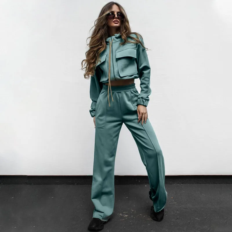 Women's New Autumn and Winter Hot Zipper Double Bag Drawstring Long-sleeved Shirt Fashion Casual Pants Suit Sports Two-piece Set