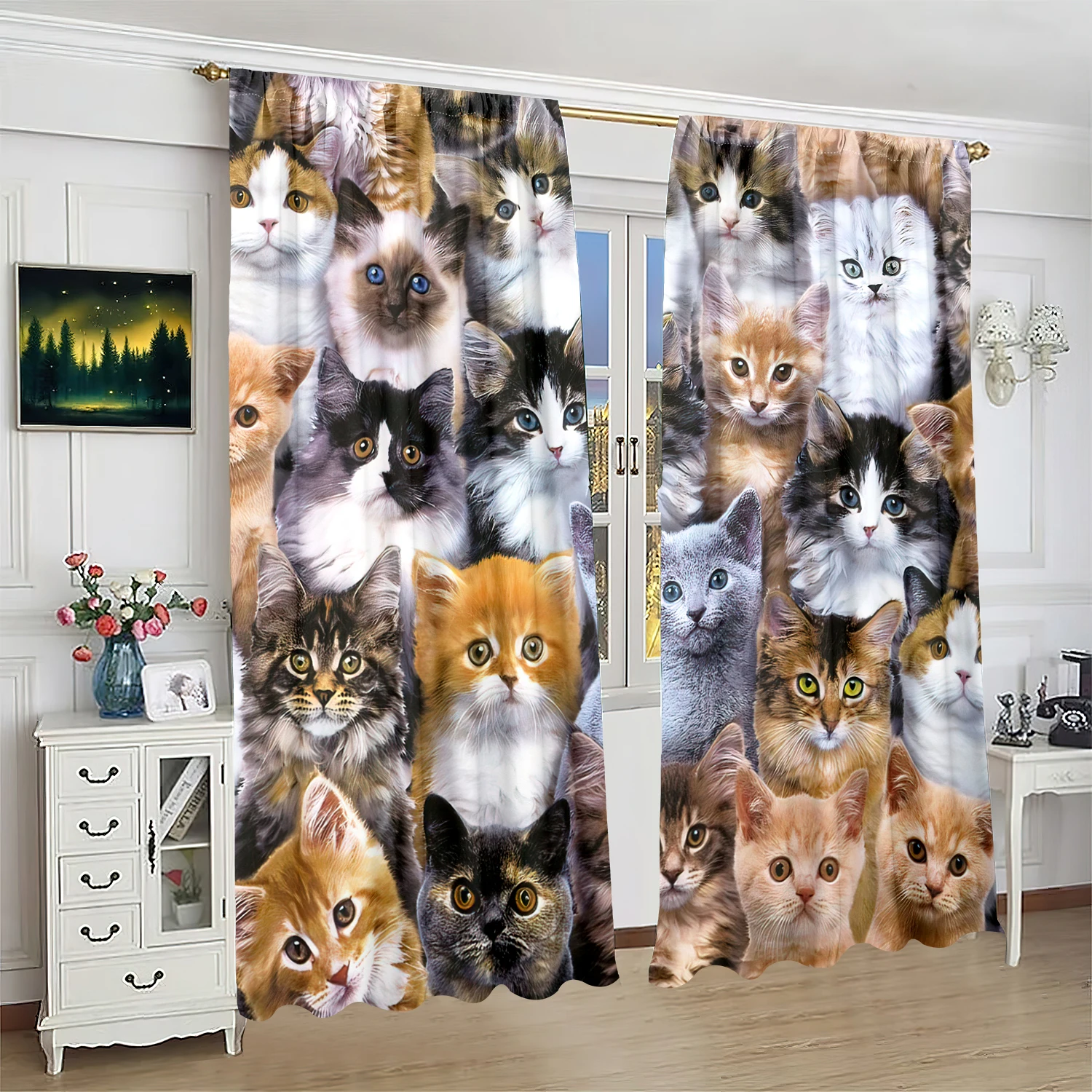 2 pieces - custom - printed curtain - polyester material - for bedroom living room study anti-privacy curtain