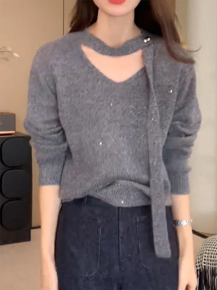 

Уютный вязаный свитер с V-образным вырезом большого размера, мягкий и комфортный женский топ в корейском стиле, повседневный, теплый, с длинными рукавами, шерстяной.