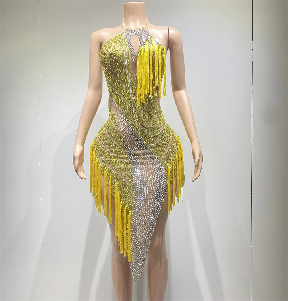 

Women Sexy Halter Backless Diamonds Sparkling Stage Dress Performance Dance Costume Nightclub Bar Birthday Party Clothing