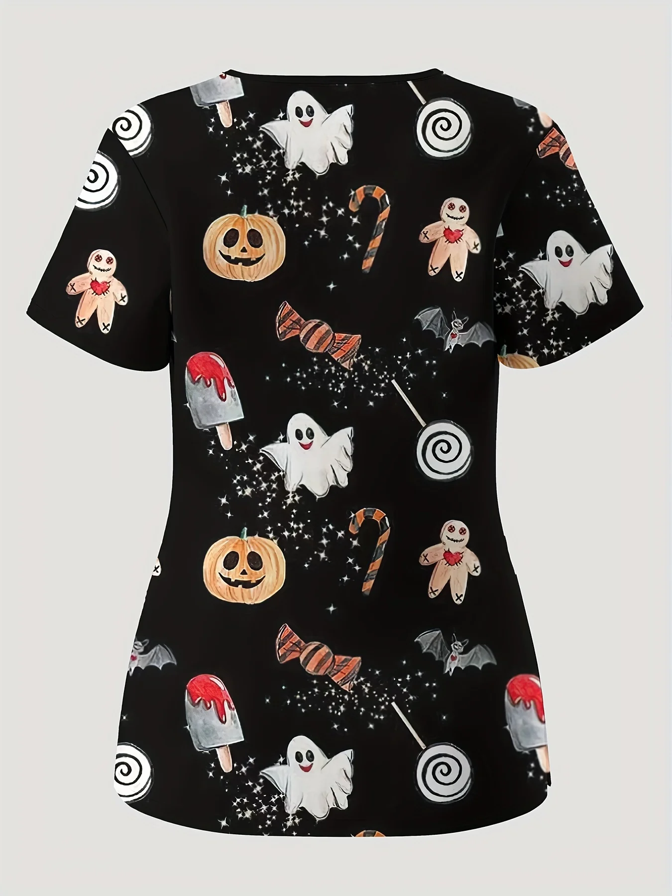 Damen-Scrub-Oberteil mit gruseligem Halloween-Design, Süßigkeiten-Geister-Kürbis-Print, V-Ausschnitt, kurze Ärmel, Taschen, Krankenschwesteruniform für medizinisches Personal – Detail 2