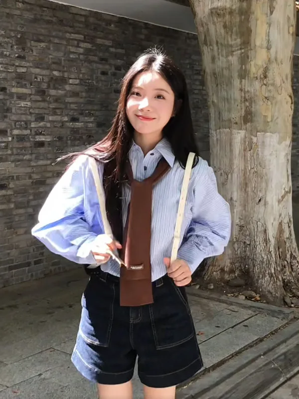 

Korean Style Women's Long Sleeve Neck Striped Loose Fit Shirt Autumn Casual Versatile Slimming Top Fashionable Ensemble