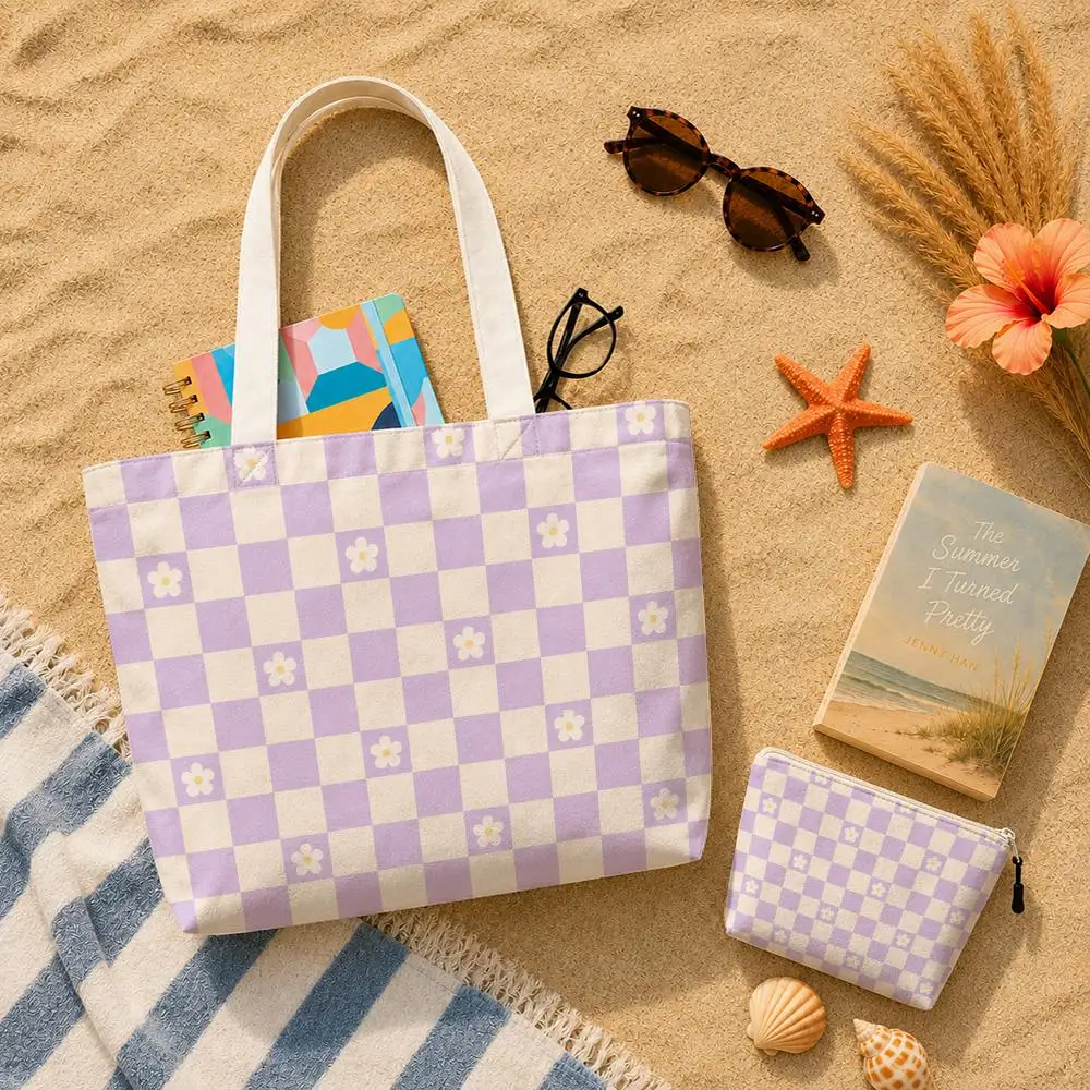 Pink Checkerboard Hearts Storage Bags 2-Piece Set Double-Sided Printed Canvas Tote Bags with Zipper Shopping Shoulder Handbags