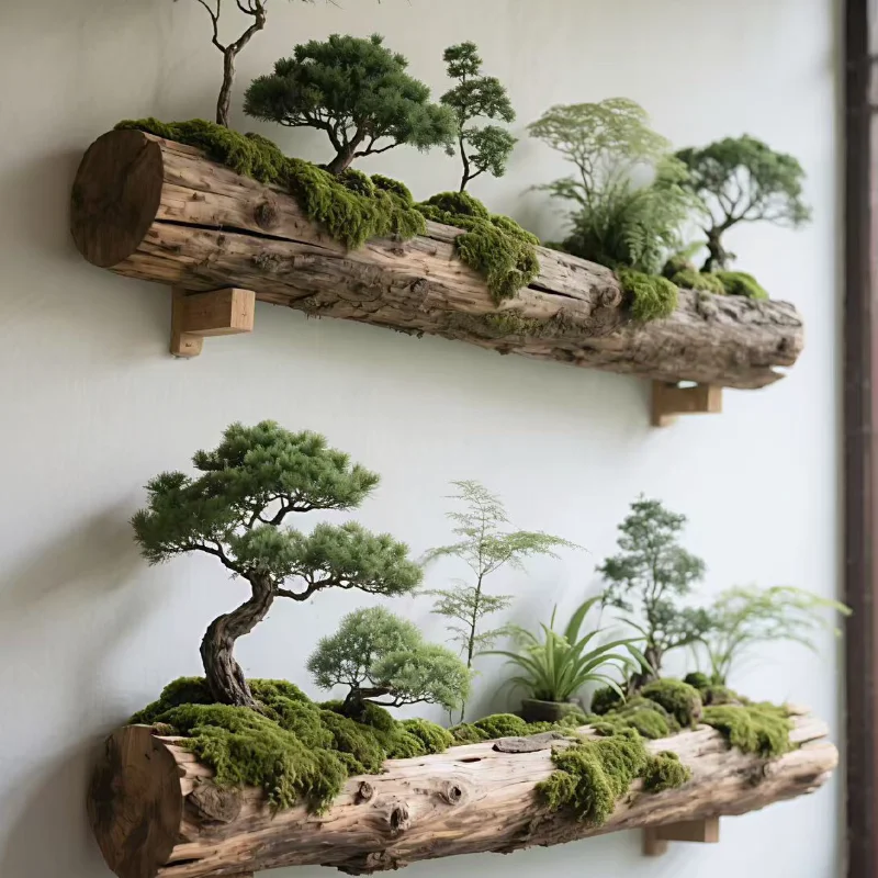 Stump wall hanging landscaping high-end dead wood hotel famous background wall potted wall decoration