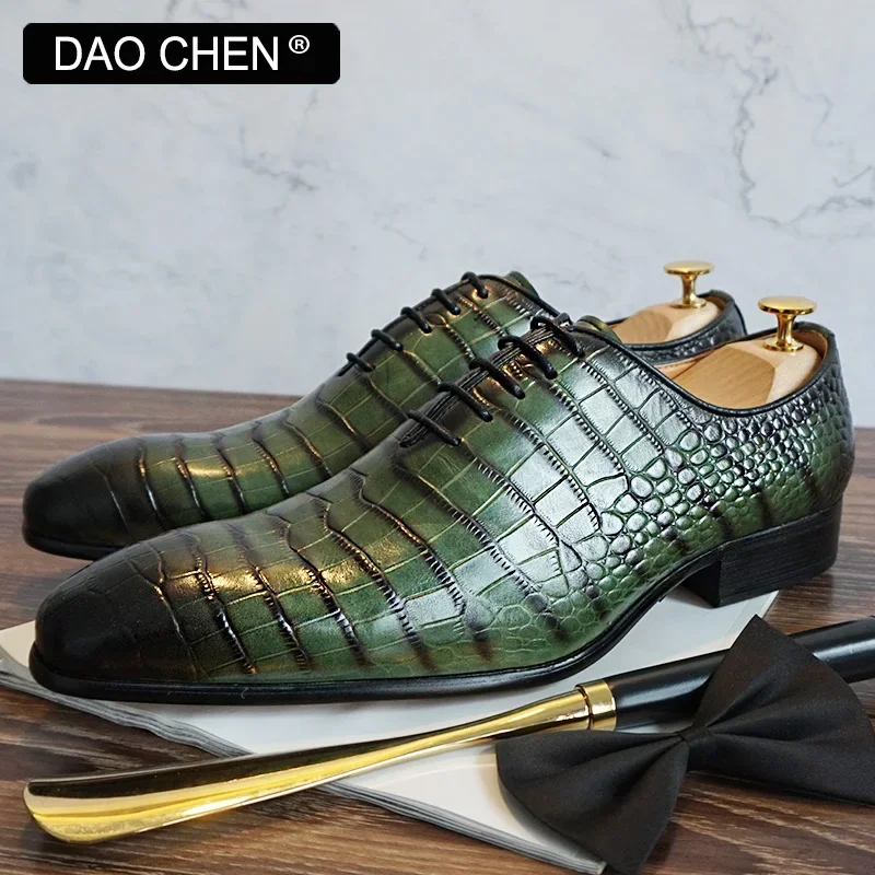 LUXURY MEN OXFORD SHOES GREEN BLACK CROCODILE PRINT SHOES LACE UP CASUAL MEN DRESS SHOE OFFICE WEDDING LEATHER MEN SHOES